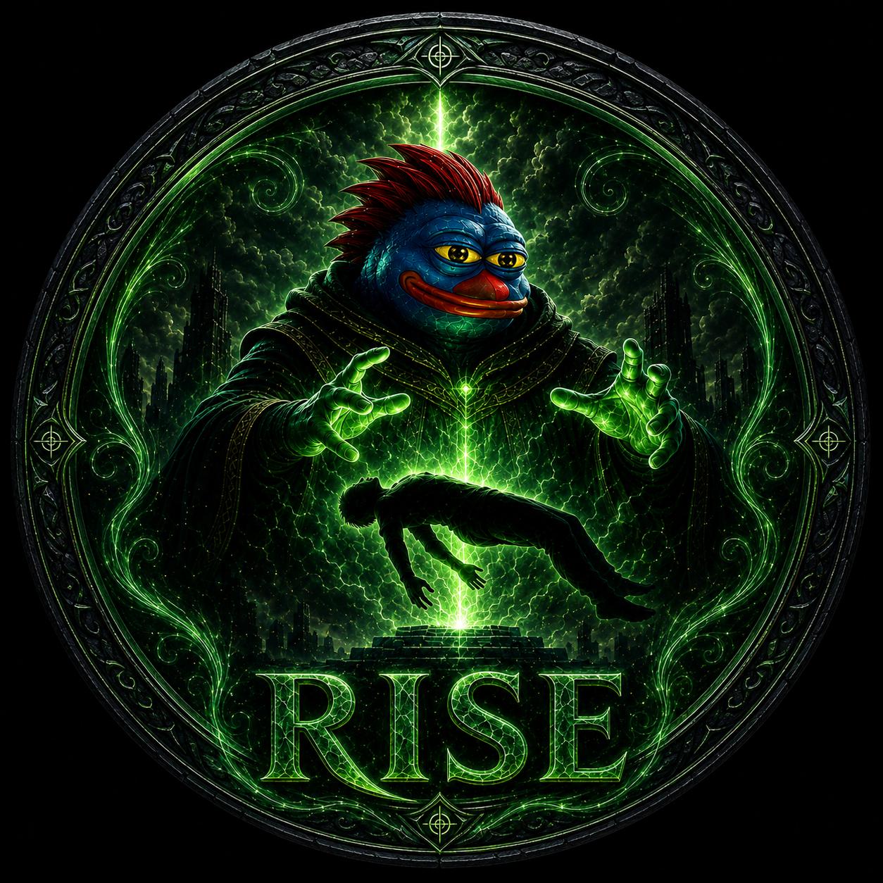 A robed figure raising a body into green light
